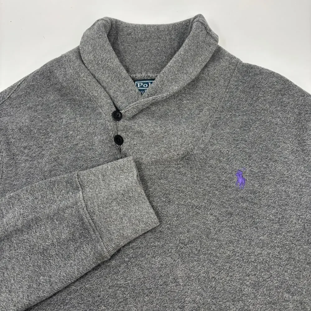Polo Ralph Lauren Medium Gray Shawl Collar Long‎ Sleeve Pullover Henley Sweater
